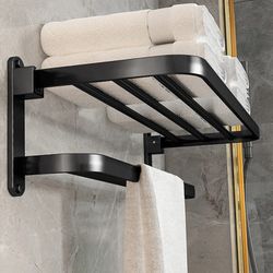 Bathroom Lavatory Towel Rack with Two Towel Bars, Towel Holder with Shelf, Matte Black