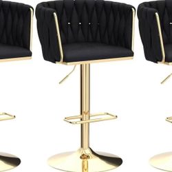 Gold Velvet Bar Stools Set of 3, Swivel Counter Height Bar Stools with Back, Adjustable Woven Barstools for Kitchen Island, Pub, Club (Black)
