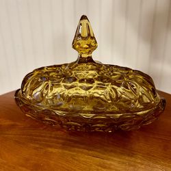 Vintage Amber Yellow Depression Glass Butter Dish Dome Lid Oval Anchor Hocking