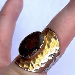 7.5 7.75 8 Moss Agate Gem Gemstone Fine Art Ring Solid Metal Plated Gold Filled Hammered UNISEX MEN WOMEN Oval Cabochon