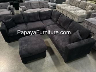 NEW Modern BLACK Fabric Sectional Sofa and Ottoman Set Ashley Style Ivory White Beige Grey Discount BIG Couch Clearance SALE Soft Plush Corduroy Couch
