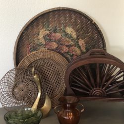 Vintage Decor/Brass Swan/Wood Wheel Magazine Holder
