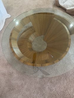 Round Glass Top Coffee Table with Wood Base