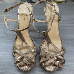 KATE SPADE SHINY GOLD SNAKESKIN DRESS SANDALS HEELS