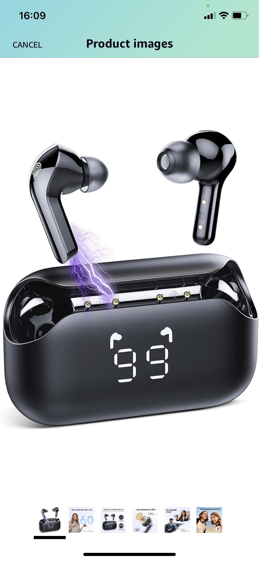 Bluetooth Headphones 5.3, Bluetooth Earbuds 60H Playtime with LED Power Display, CVC8.0 Clear Calls, Built-in 4 Mics, Deep Bass, USB-C Fast Charge, IP