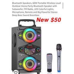 New Bluetooth Speakers, 60W Portable Wireless Loud Outdoor Home Party Bluetooth Speaker with Subwoofer, FM Radio, LED Colorful Lights, Microphone, Rem