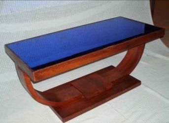 1940'S GLASS ART DECO COBALT BLUE MIRROR COFFEE TABLE