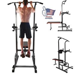 Power Tower Pull Up Bar Dip Station w/ Sit Up Bench Home Gym Exercise Equipment