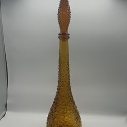 Vintage MCM Italian Empoli Amber Hobnail Glass Genie Bottle Decanter W/ Stopper 22”
