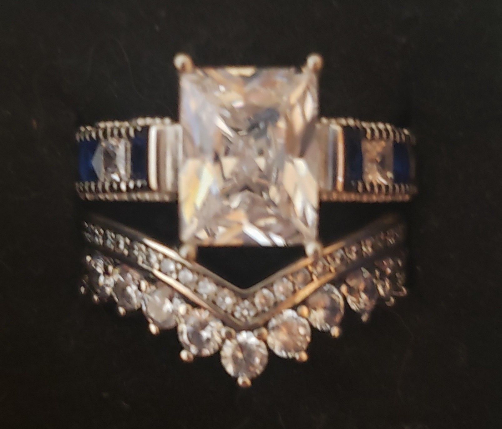 Sterling silver luxury sapphire and emerald cut diamond set