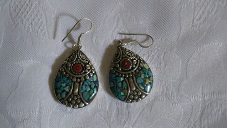 Genuine Turquoise and Coral Sterling silver Earrings