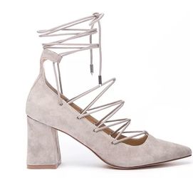 Grey Suede Lace-Up Block Heel Pointed Toe Pumps