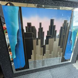 Vintage Modern Mirrored Art Deco Cityscape Wall Art signed by Laurel Studios