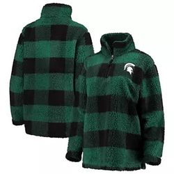Women's L Green/Black Michigan State Spartans Plaid Sherpa Quarter-Zip Pullover Jacket