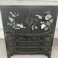 Vintage Chinoiserie Black Lacquer/Hardstone  Inlaid Cabinet
