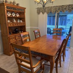 Soft Knotty Pine Table, 6 Chairs And Hutch