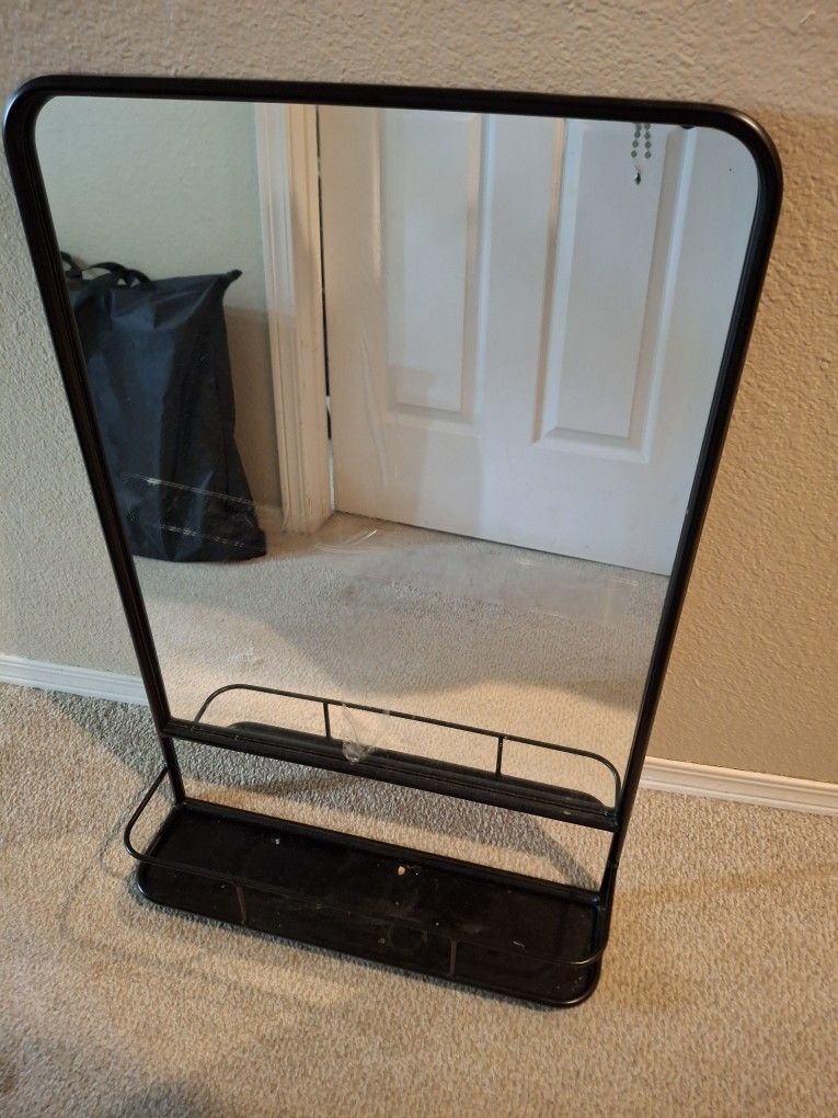 Black Metal Framed Bathroom Mirror with Shelf 26.8x21.3 Inch Farmhouse Wall Mounted Vanity Mirror Modern Rectangle Matte Mirror Wall