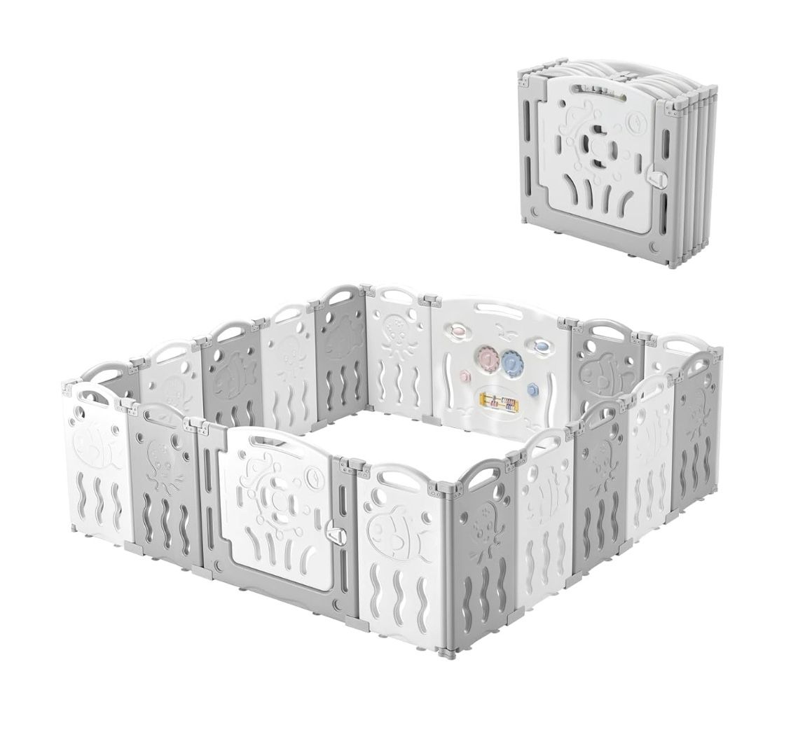 Albott Baby Fence Kid Playpen 18 Panel Yard - Foldable Safety Activity Center Safety Lock Gate,Adjustable Shape (18 Panel, Grey White)