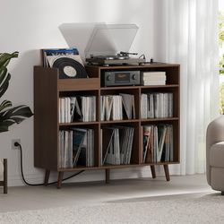 Large Record Player Stand, Vinyl Storage Cabinet Mid Century Modern Turntable Stand Media Console Table Open Shelf Cube CD Album Holder Organizer for 