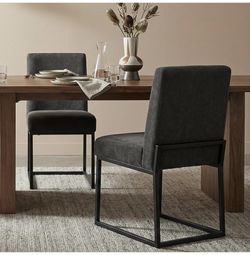 Two upholstered chairs for dining chairs Modern, linen kitchen chair, dinner chair With black metal base for kitchen or office, dark gray