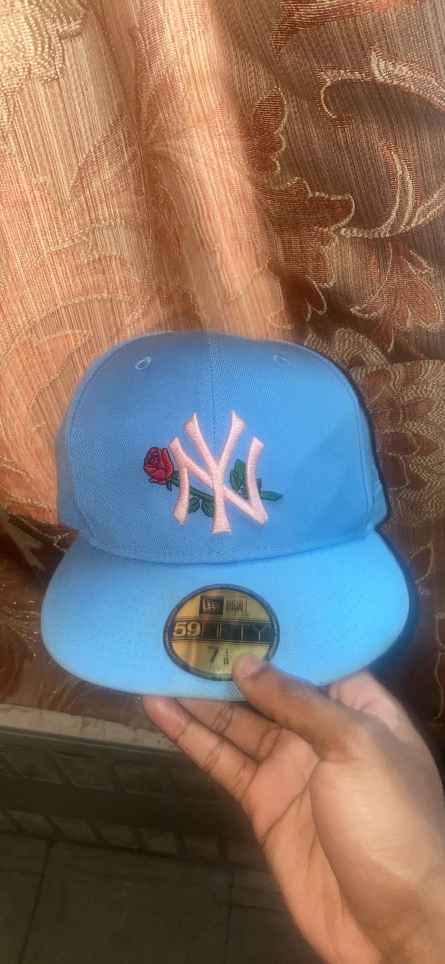 Light Blue Yankee Hat With Pink Brim and Rose Size 7 1/8