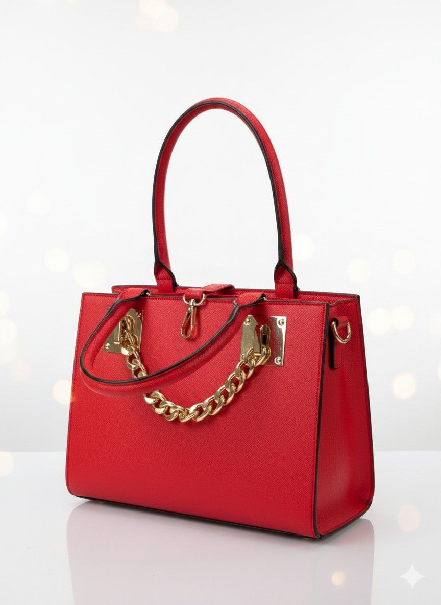 Vintage Style Bright Red Back Black Trim With Gold Chunky Chain Detail, Shoulder Strap Included