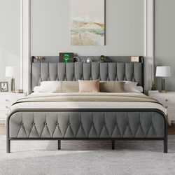 King Size Metal Bed Frame with Upholstered Headboard and Charging Station, Charcoal Gray