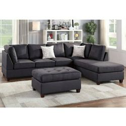 Dark Gray Microfiber 3 Piece Reversible Sectional sofa set Cocktail Ottoman included 2 accent pillows Firm Price $800 Financing Available 