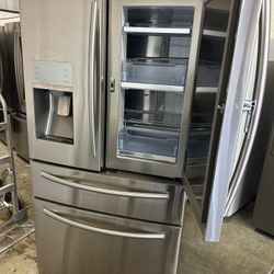 Four Door Samsung fridge works great water and icemaker. Do not work can deliver. Cabinet depth Perfect for someone that wants I really nice refrigera