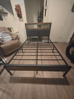 Full Size Industrial Bed Frame w/ USB Charging Station & Storage Headboard