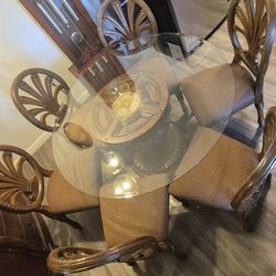 Wooden Dining Set Round Glass Top 