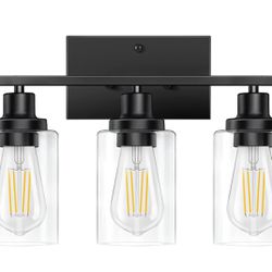 New In Box 3-Light Bathroom Vanity Light, Matte Black Vanity Light with Clear Glass Shade