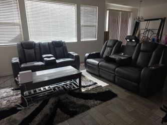 Gray Power Reclining Sofa + Loveseat, Lift-Top Coffee Table & Rug