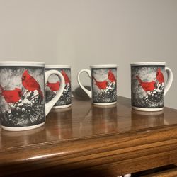 Lot Of 4 Red Cardinal Decorative Mugs