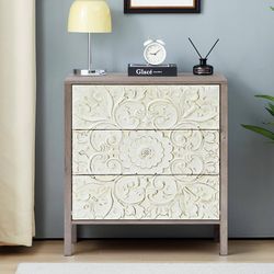 Farmhouse 3 Drawer Dressers for Bedroom, Wide Chest of Drawers with Storage, Vintage French Nightstand Distressed Boho Small Dresser for Hallway Livin