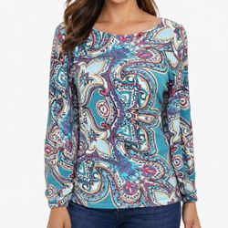 Chico's Artsy Paisley Boat Neck Knit Top Boho Chic