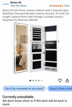 Becko US LED Mirror Jewelry Cabinet with 3 Colored Light, Wall/Door Mounted Wooden Jewelry Armoire, 47-Inch Full Length Lighted Mirror with Storage, L