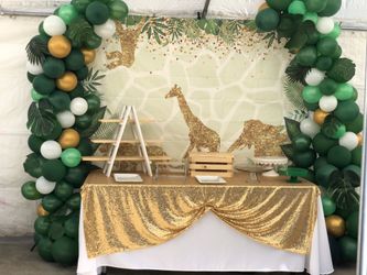 Safari party decoration Dessert Table Set Up, Balloon Garlands and Backdrops and dessert table