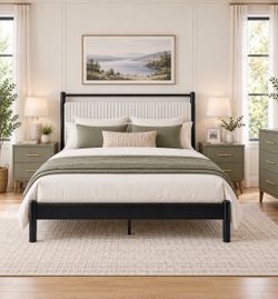 Full Size Black Metal Bed Frame with Upholstered Headboard