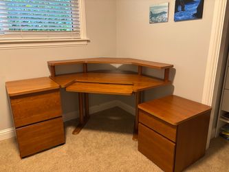 Wood Corner Desk with Filing Cabinets