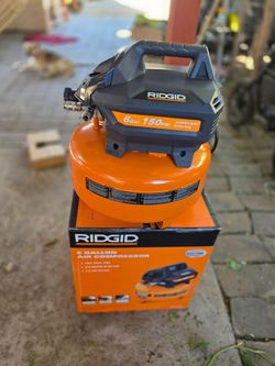 RIDGID 6 Gal. 150 PSI Portable Electric Oil-Free Jobsite Pancake Air Compressor with Dual Pressure Gauges and 2-Quick Couplers
