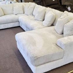 Cream White Corduroy Chaise Sectional 