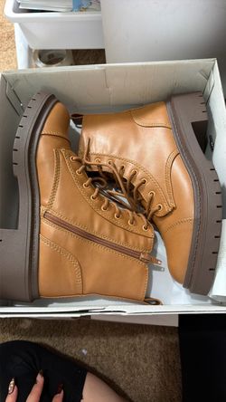 Tan Lace-Up Combat Boots with Side Zip