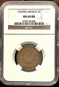 1925 México 2 Centavos Monogram NGC MS 64 RB (Red Brown)