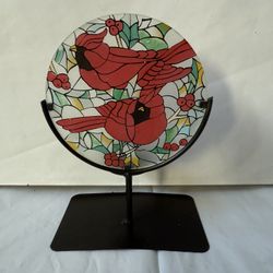 Colorful Stained Glass Cardinals Black Tea Light Candle Holder