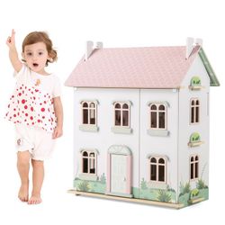 Wooden Dollhouse with Pink Roof