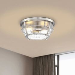 13 in. 2-Lights Brushed Nickel Transitional Flush Mount with Frosted Glass Shade and No Bulbs Included