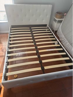 Modern White Upholstered Full Size Platform Bed with Tufted Headboard – No Box Spring Needed