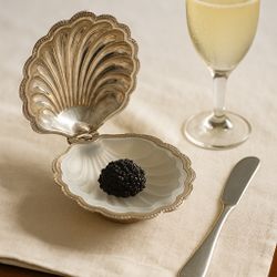 England 1960s Silver Plated Brass Frosted Glass Folding Shell Caviar Dish, 5x2”