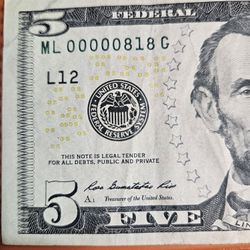 3 Digit Super Low Serial Number 2013 $5 ML 00000818 G (PICKUP ONLY)
